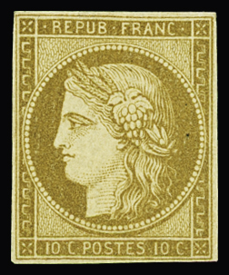 N°1 10c bistre jaune, neuf *, petit aminci, sinon TB.