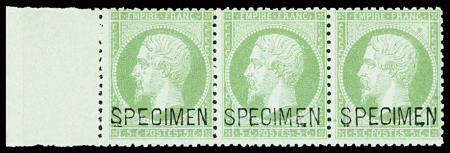 N°20f 5c vert, surcharge "spécimen" en bande de 3 avec