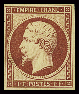 N°18d 1f carmin, réimpression de 1862, neuf *, pelurage