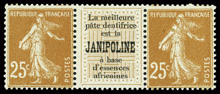 N°235 25c jaune brun, paire interpanneau avec pub Janipoline,
