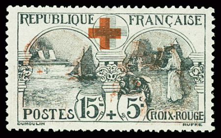N°156 15c + 5c Infirmière, variété couleur rouge déplacé,