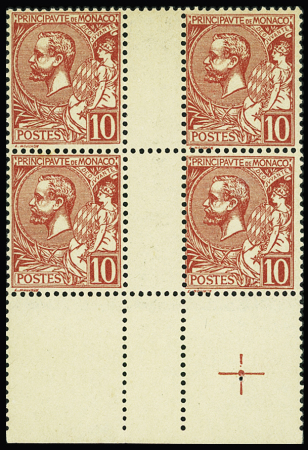 N°23 10c vermilloné au lieu de rouge, bloc de 4 interpanneau