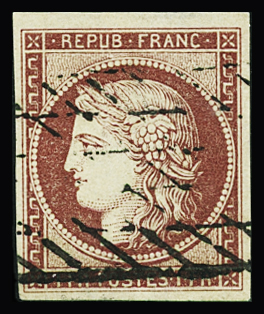 N°6 1f carmin, obl grille sans fin, petit aminci,