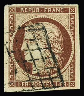 N°6 1f carmin, obl. grille, petit défaut d'angle, TB