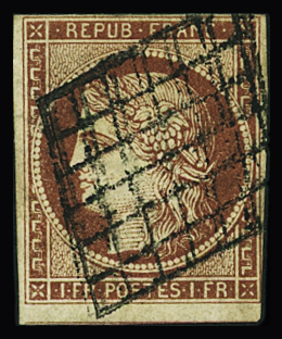 N°6 1f carmin, obl grille, filet touché + pli, B