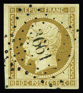 N°9 10c bistre jaune, obl . pc 3061, petit aminci,