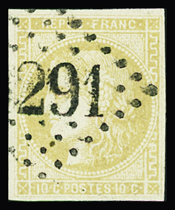 N°43Bc 10c bistre jaune citron, obl GC, TTB. Signé