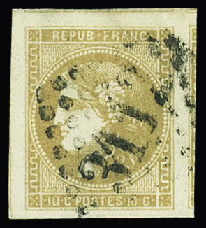 N°43B 10c bistre jaune, obl. GC, avec 4 belles marges,