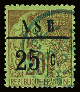 N°10 25c s. 20c brique sur vert, obl.,TB, R (t.400).