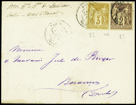 N°85 + 86, 3c bistre-jaune obl Paris (1880) sur le