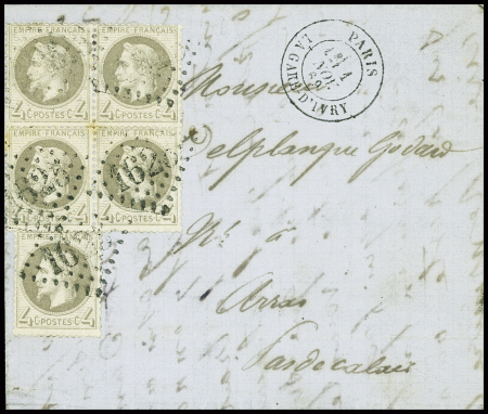 N°27 4c gris, bloc de 4 + 1 pièce obl GC 1625 + T1