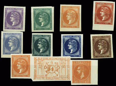 9 timbres non dentelés de couleurs diverses avec l