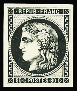 N°49 80c Bordeaux, essai en noir sur papier carton