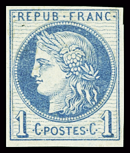 N°50 1c Cérès , essai en bleu sur papier ordinaire