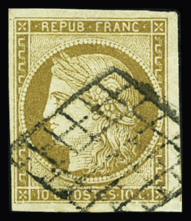 N°1 10c bistre, obl. grille, TB