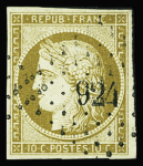 N°1 10c bistre, obl., PC 924, TB (certificat Brun)