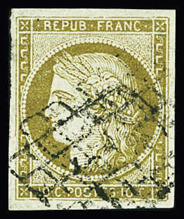 N°1b 10c bistre verdâtre, obl. grille, TB