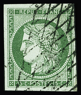 N°2 15c vert obl. grille sans fin TB (signé Brun)