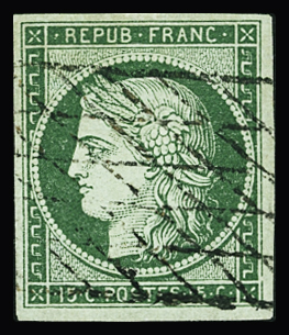 N°2 15c vert obl. grille sans fin TB (signé Brun)