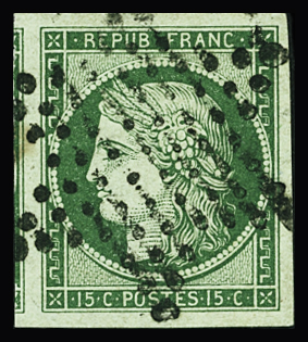 N°2b 15c vert foncé (4 grandes marges) obl. TB (ce