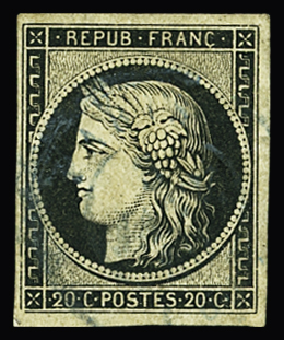 N°3 20c noir obl cachet à date bleu TB