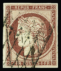 N°6 1f carmin, obl. grille sans fin, TB