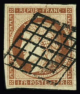 N°7 1 franc vermillon foncé obl TB (signé Brun, certificat