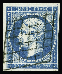 N°14A 20c bleu obl grille TB