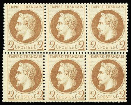 N°26B 2c rouge-brun bloc de 6  variété de piquage 