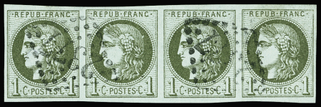 N°39C 1c olive bande de 4 obl TB