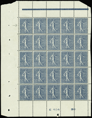 N°161 50c Semeuse lignée panneau de 25 timbres neu