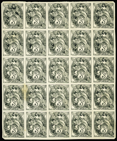 N°109 3c Blanc bloc de 25 essais en noir avec déco