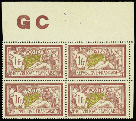 N°121f 1f Merson bloc de 4 manchette GC TB centré 