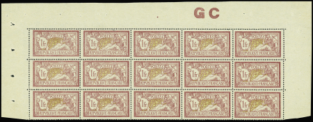 N°121 1f Merson bloc de 15 haut de feuille manchet