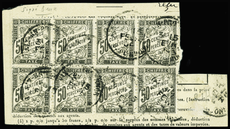 N°20 50c noir 2 bandes de 4 obl sur fragment TB