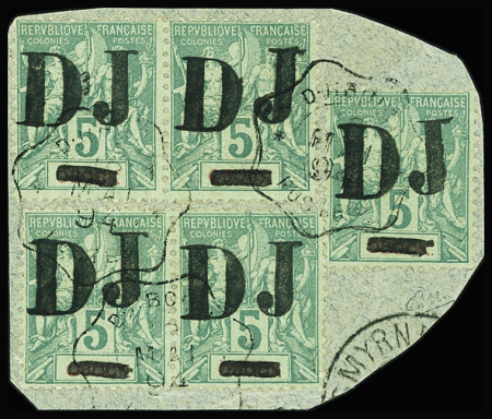 N°1 5c vert   5 timbres sur fragment obl TB