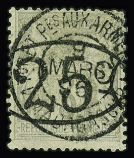 N°25 25c sur 3c gris obl (lég défaut)