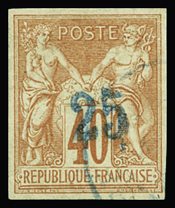 N°1 25c sur 40c rouge-orange surcharge bleu pâle o