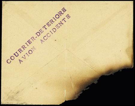 Env. brûlée de Nice pour Montreuil sous Bois avec au verso griffe violette type 1 (grandes lettres) "Courrier détérioré avion accidenté" (accident le 27.1.56 du DC 3 Nice - Paris à Lyon Saint-Priest - Nierinck n°