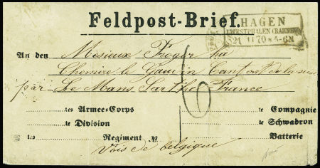 Enveloppe "Feldpost-Brief" de Hagen Bahnhof (Westphalie) (21.11.70) pour la Sarthe par voie de Belgique avec CAD rougeâtre "Prusse Lille" + taxe 6 tampon façon manuscrite. TB