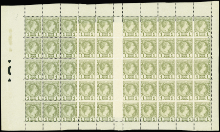 N°1 1c olive en panneau complet de 50 exemplaires,