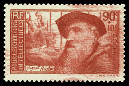 N°344 90c+10c Auguste Rodin, variété surencrage, neuf