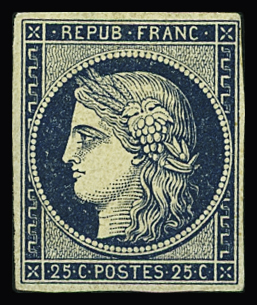 N°4 25c bleu, neuf * (regommé), TB, rare (cote nsg)
