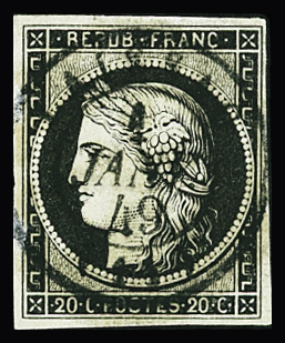 N°3 20c noir, cad de Laissac (Aveyron) du 1er janvier