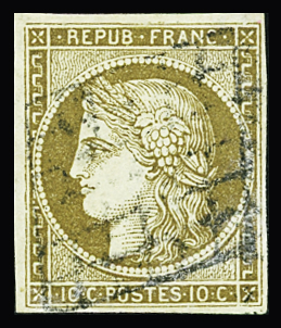 N°1b 10c bistre-verdâtre, obl. grille, TB. Certificat