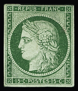N°2 15c vert, neuf sans gomme, filet effleuré, amincis,