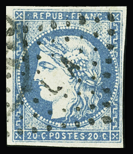 N°44A 20c bleu Type 1 Report 1, obl. Losange d'Ambulant,