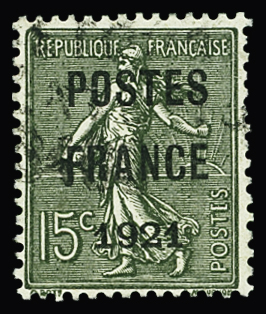 N°34 POSTES FRANCE 1921 15c vert-olive, oblitéré (