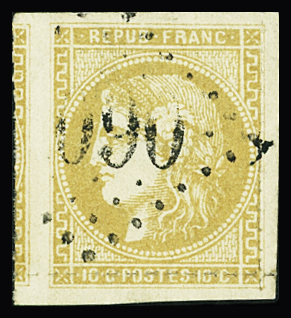 N°43B 10c bistre jaune, obl GC, percé en ligne avec