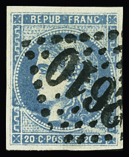 N°46A 20c bleu, variété pli accordéon, obl. GC 2610